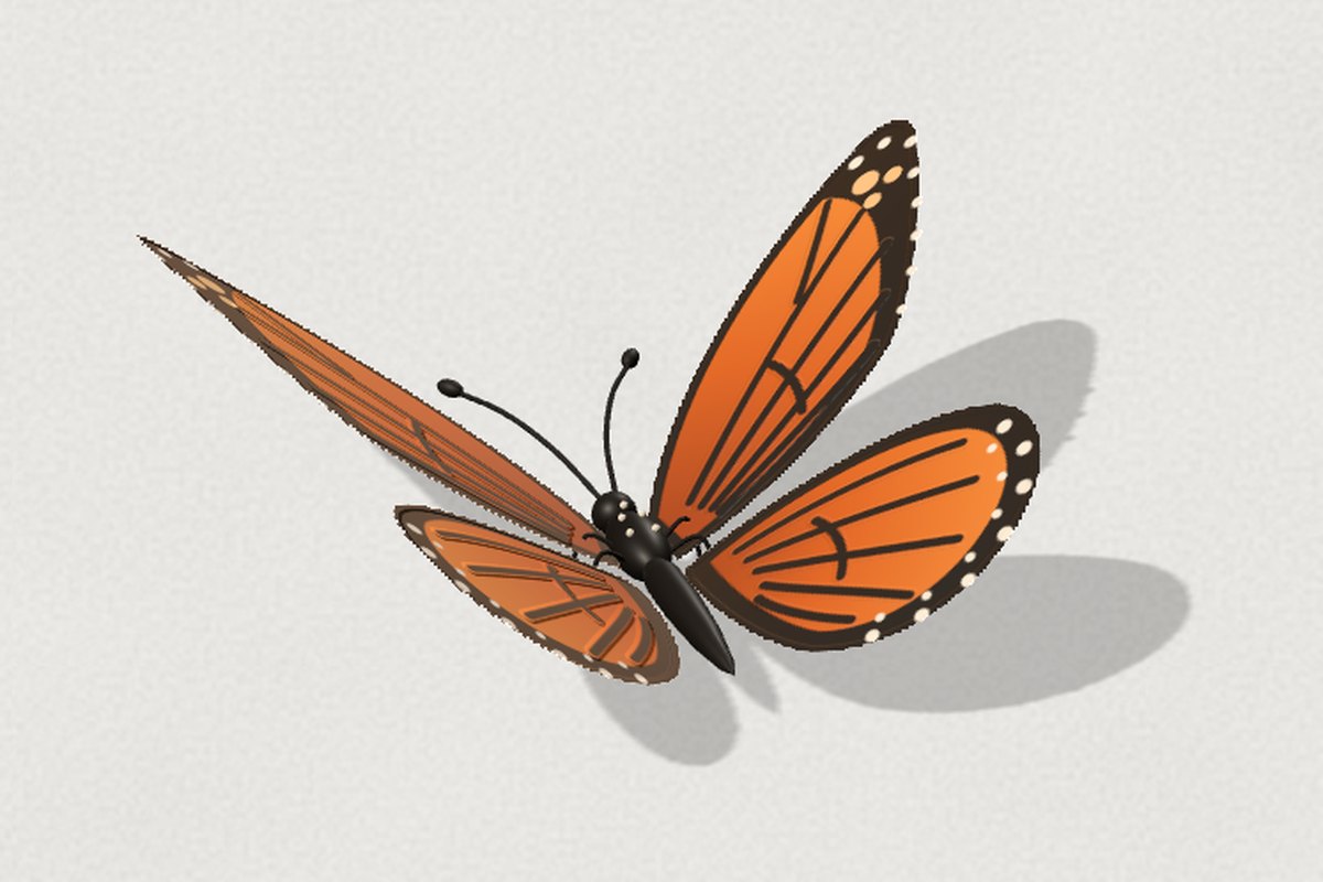 The first Three.js version: the wings now curve and catch the light, but keep the narrow leaf shape and parallel veins