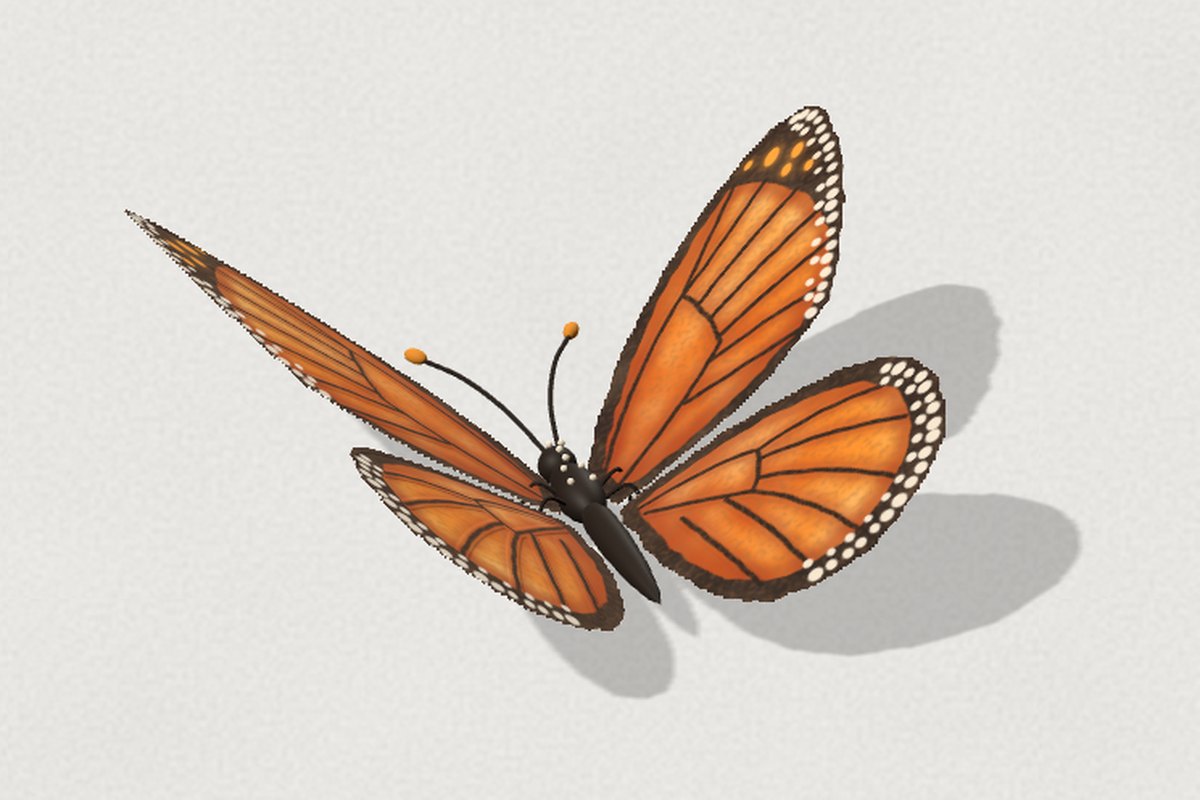 Painted in code: the same pose with true monarch wing shapes, fanned veins, watercolour texture and white margin dots