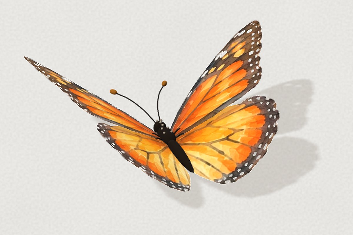 Cut from the painting: the same pose and camera, with soft washes of orange, darker veins, and white dots set into the brown-black margins