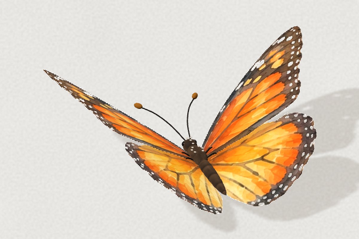The finished butterfly: a monarch in Three.js with wings cut from a watercolour painting and a painted, ringed brown body, wings raised mid-stroke, casting a soft shadow on the grey paper of the page