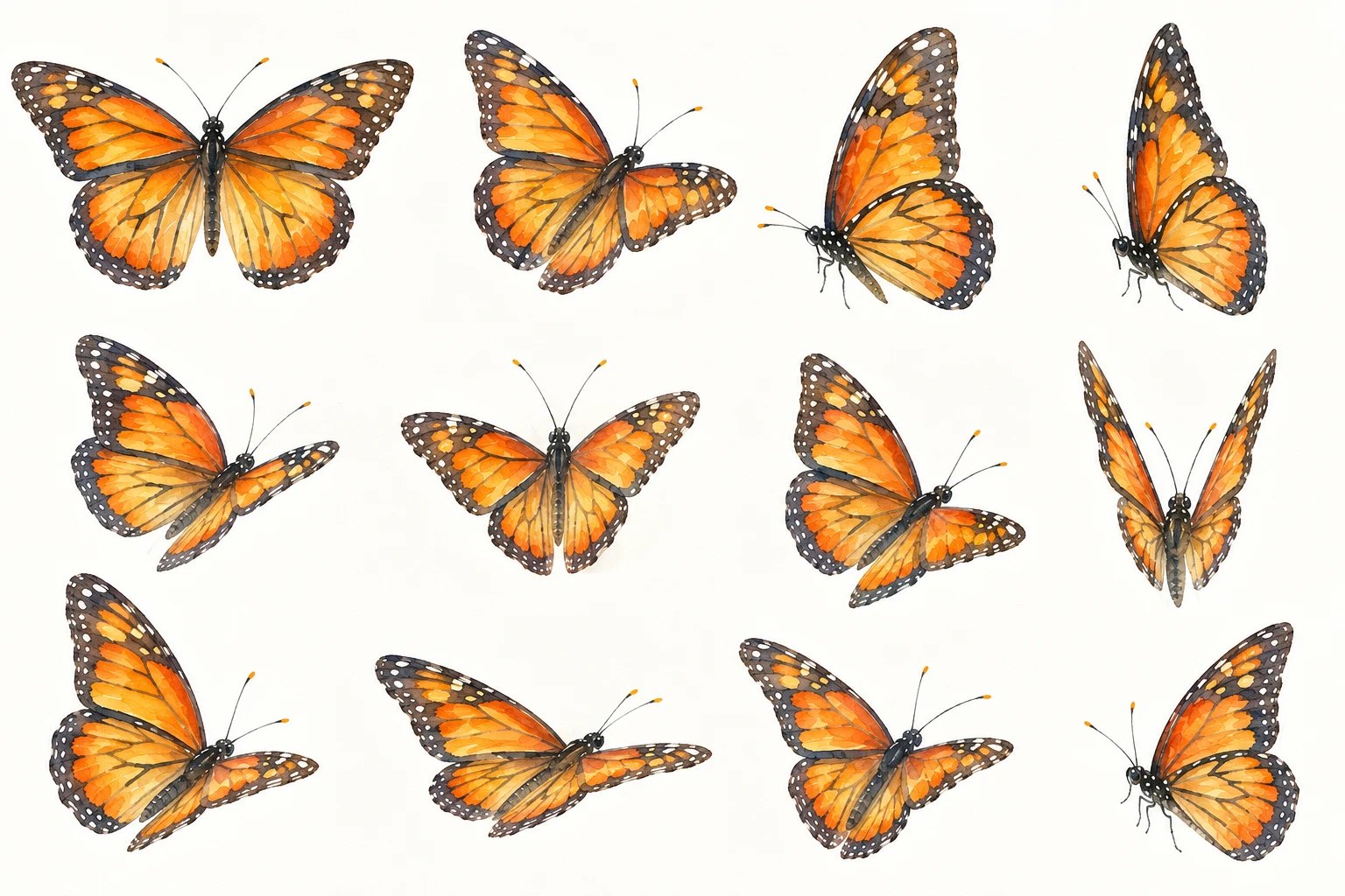 The reference sheet: twelve watercolour monarchs in different poses, with painted edges, two rows of white dots along the black margins, and orange-tipped antennae