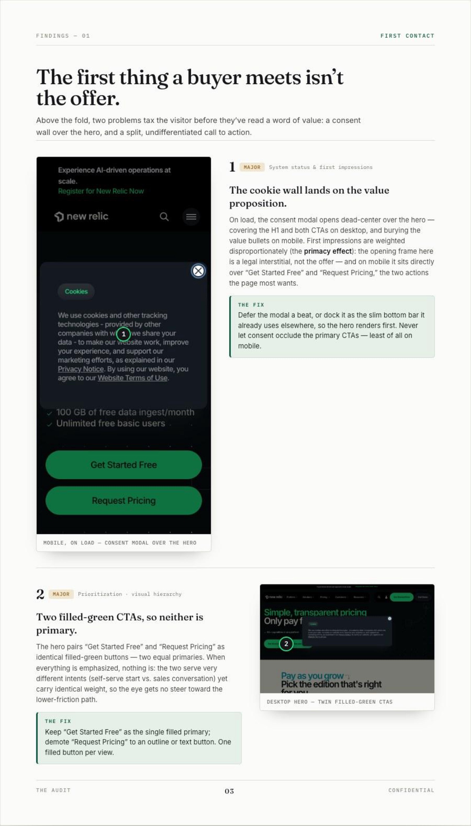 Finding 1: the cookie consent modal lands over the hero on mobile, pinned on the capture, with the fix