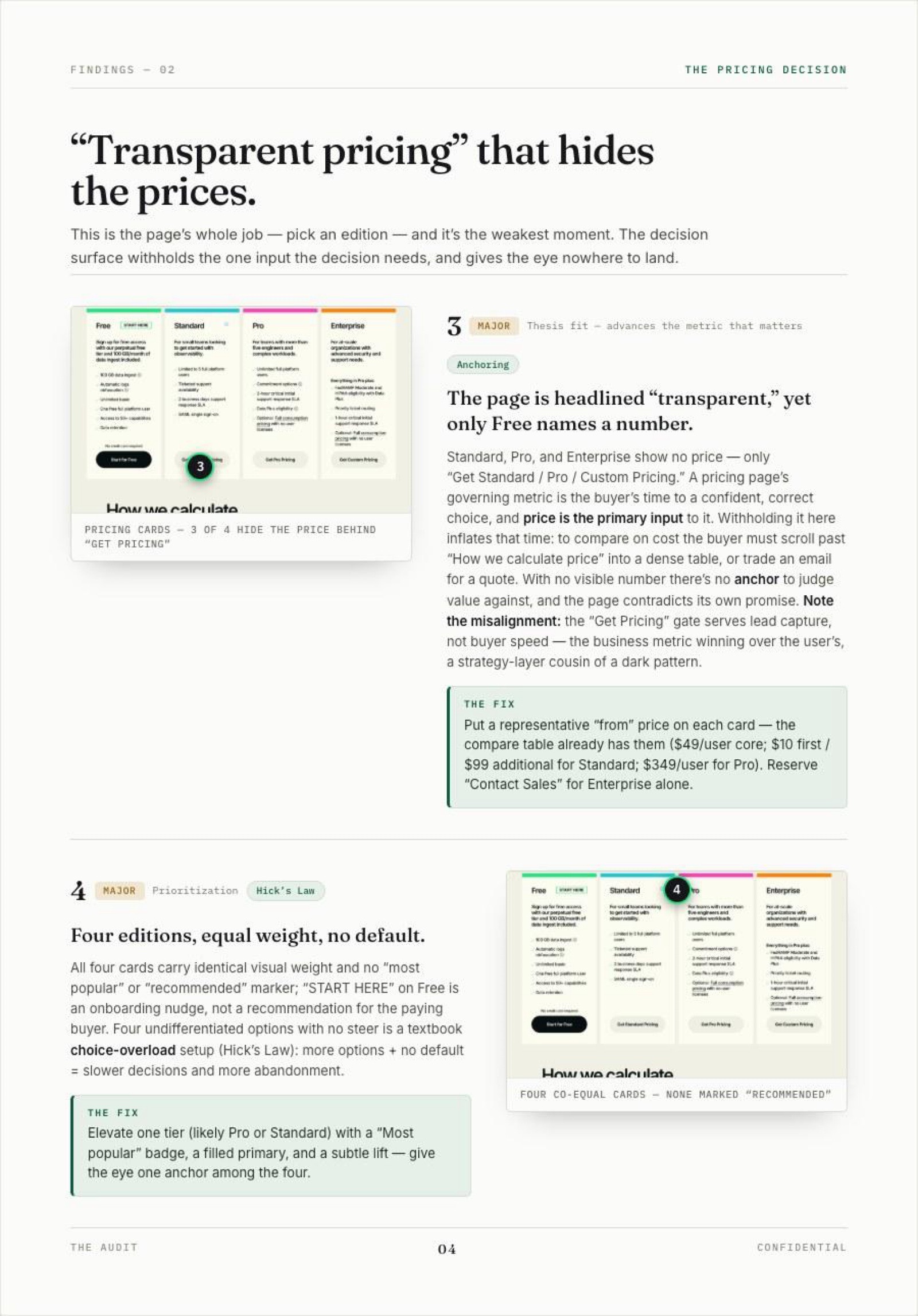Findings 3 and 4: transparent pricing that hides the prices, citing Anchoring and Hick's Law