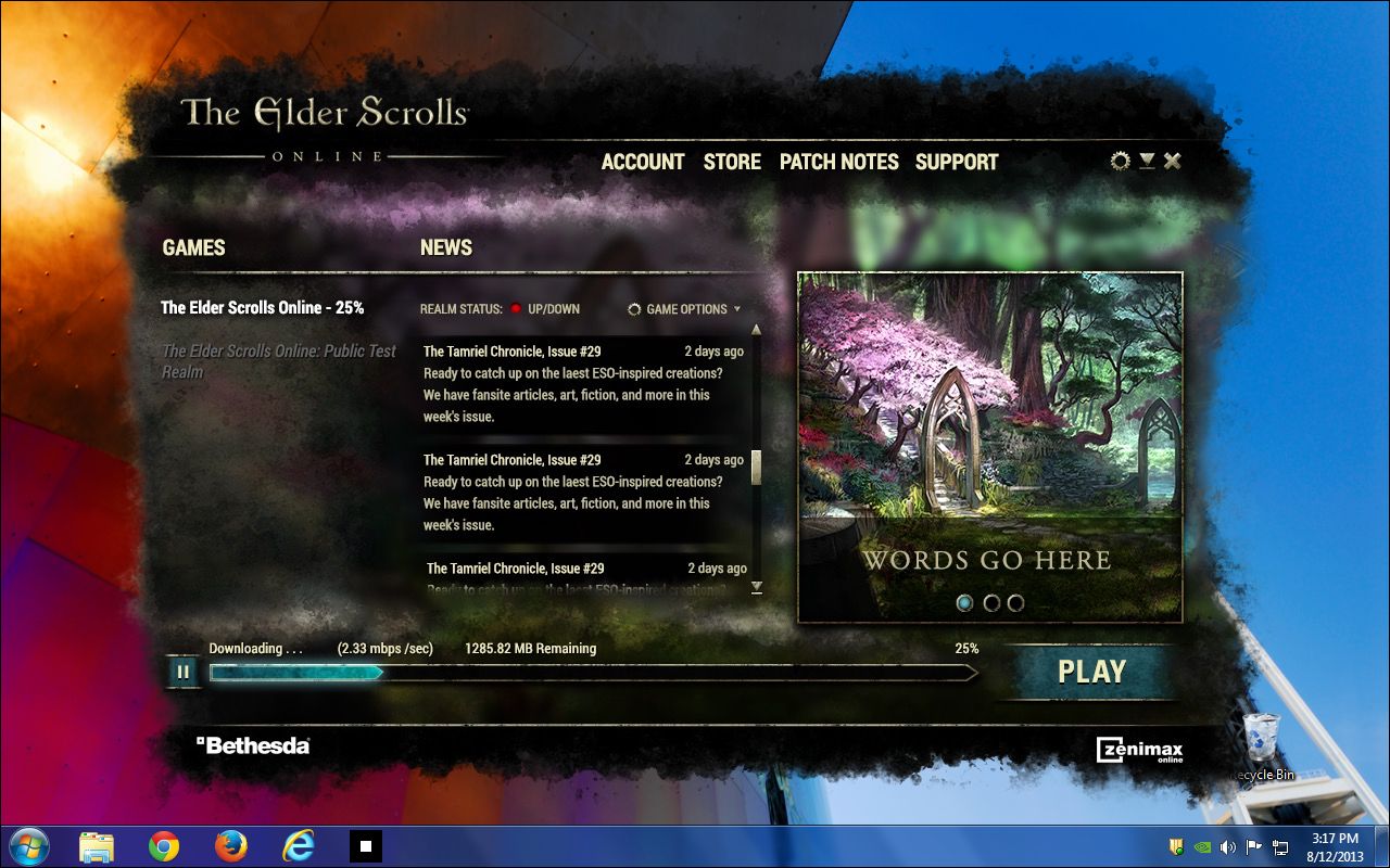 The finished launcher on the desktop: games list, news column, featured art and PLAY
