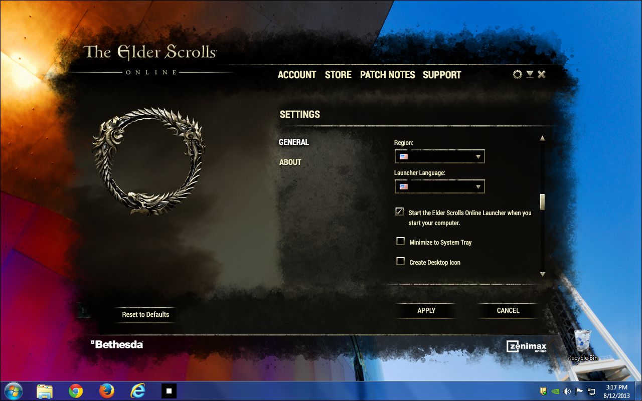 Launcher settings: region, language, startup and shortcut options