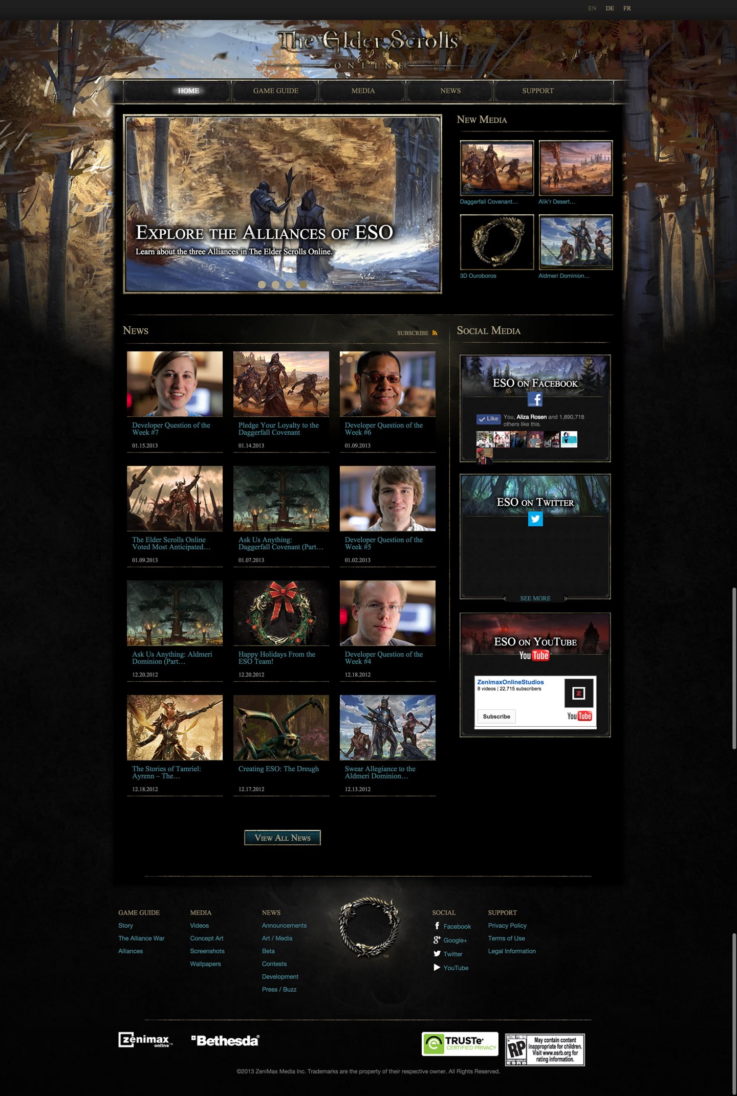 elderscrollsonline.com home page: alliance hero, news grid and social panels