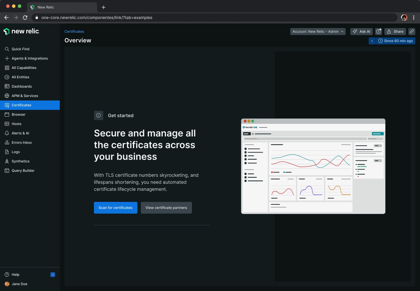 Certificates first run: Secure and manage all the certificates across your business, with Scan for certificates and View certificate partners buttons beside a preview of the dashboard