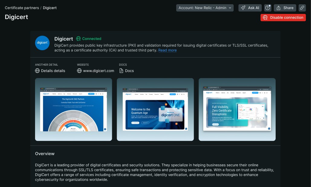DigiCert partner page: the DigiCert logo marked Connected with a Disable connection button, links to details, website and docs, three DigiCert promo screens, and an overview of the company