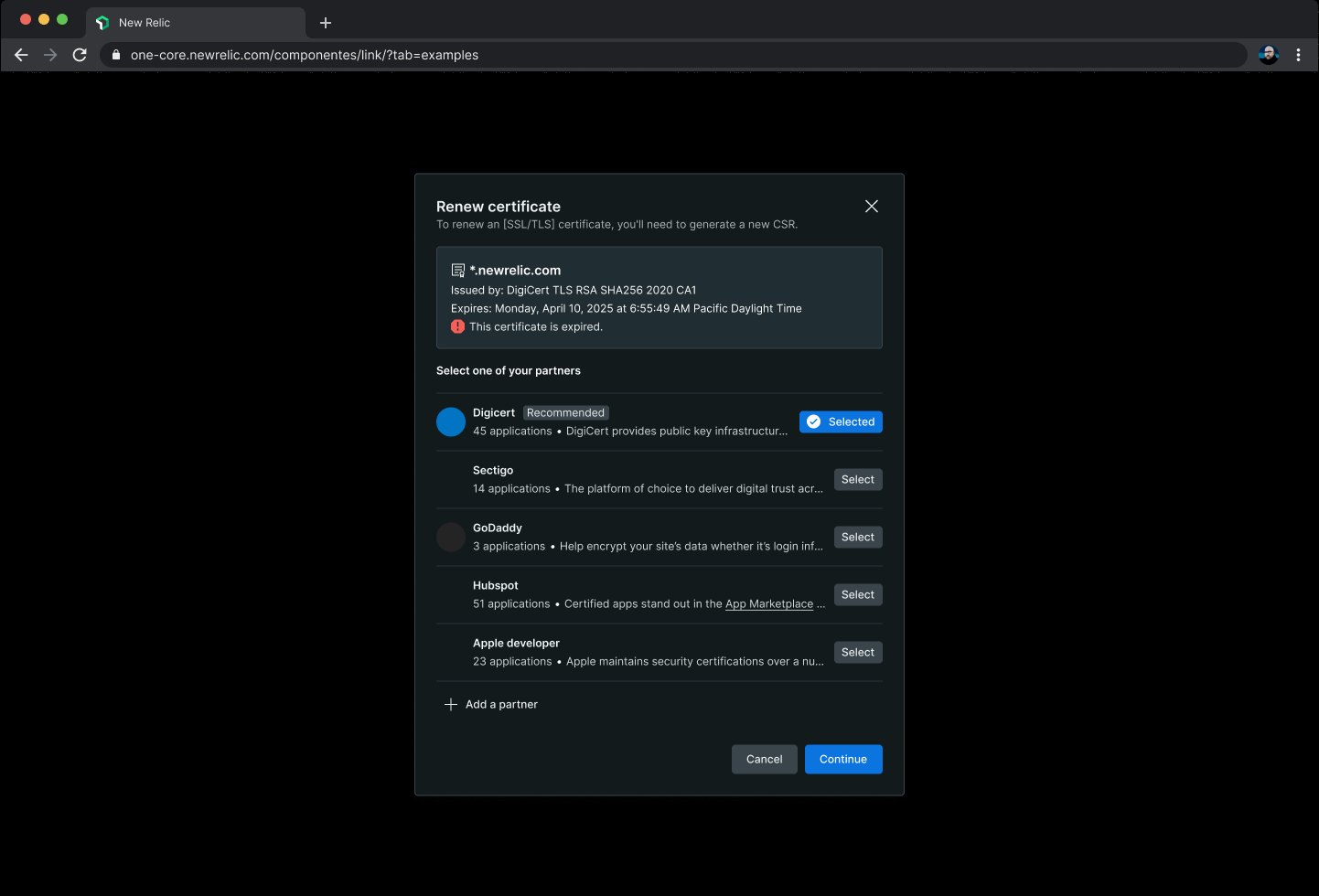 Renew certificate dialog for an expired *.newrelic.com certificate, with DigiCert recommended and selected among five partner authorities