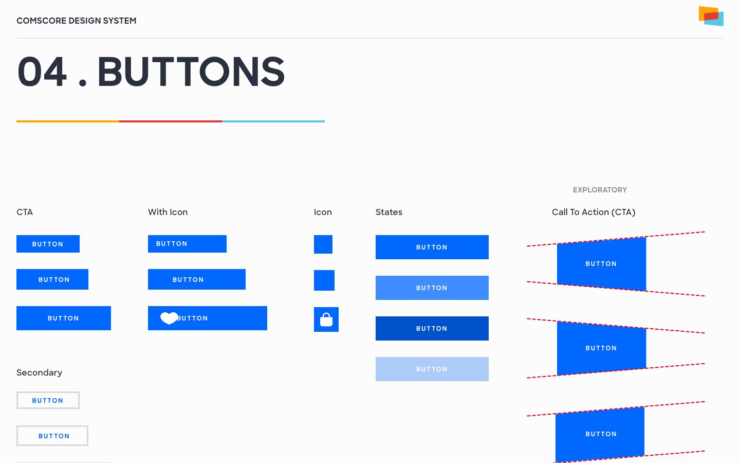 Comscore buttons: call to action, with icon, icon only, states and secondary, plus an exploratory angled call to action