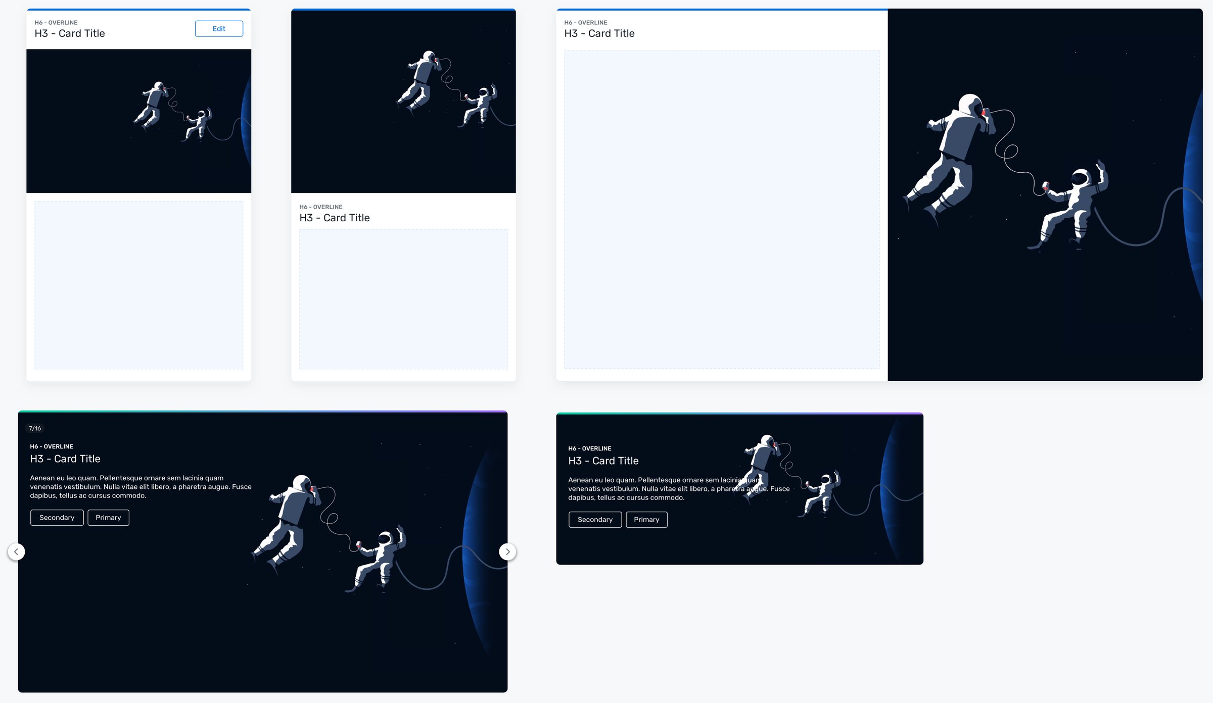 Cvent card variants with one astronaut illustration: image under a header with an Edit button, image above the title, image beside the content, and two dark hero cards with overline, title, body and Secondary and Primary buttons, one in a carousel