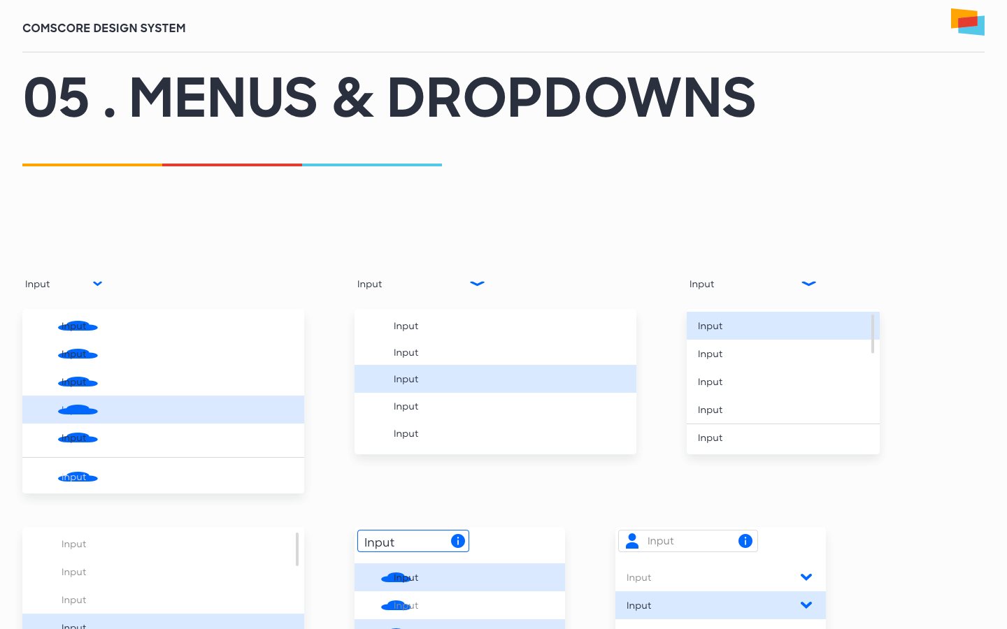 Comscore menus and dropdowns: open lists with hover and selected rows, a searchable input and a nested menu