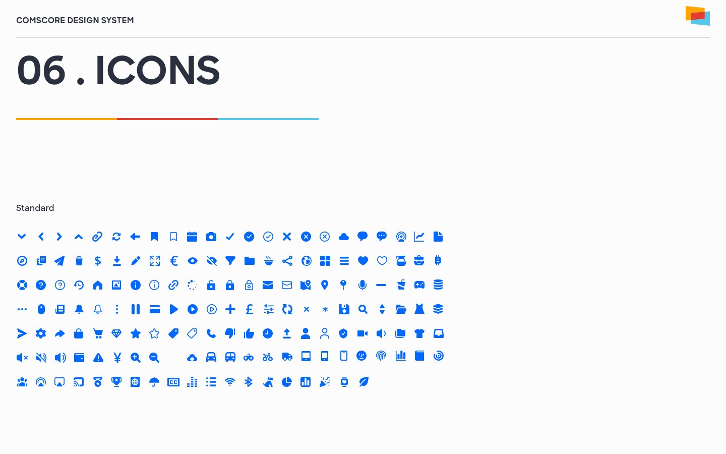 Comscore standard icon set in blue: navigation, actions, files, media, charts and status glyphs on a grid