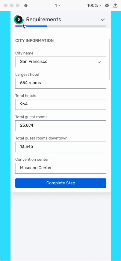 Cvent mobile stepper: a Requirements step whose ring and bar fill as the form is completed