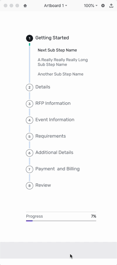 Cvent vertical stepper: steps tick to complete one by one while the progress bar fills