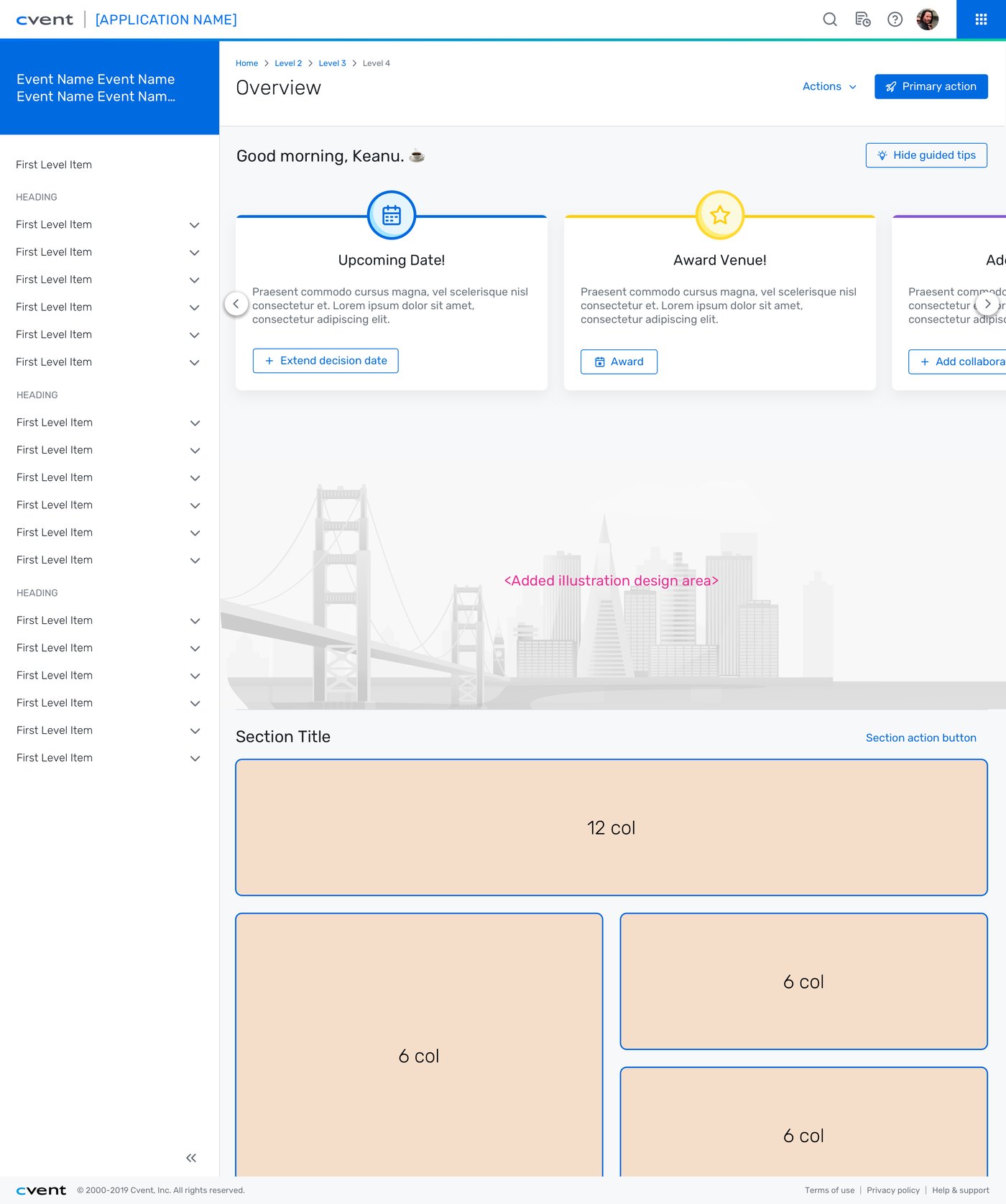 Cvent overview template: a greeting, a row of guided tip cards, a cover illustration of a city skyline, and a section of cards on a column grid