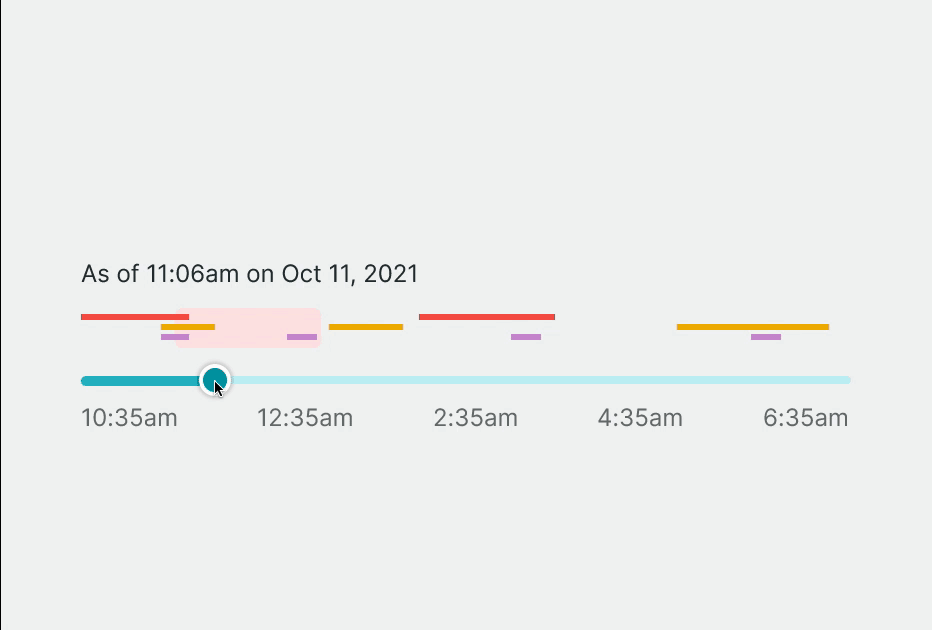 New Relic timeline slider: dragging the handle across a timeline of alert bars moves the As of time and a highlighted window with it