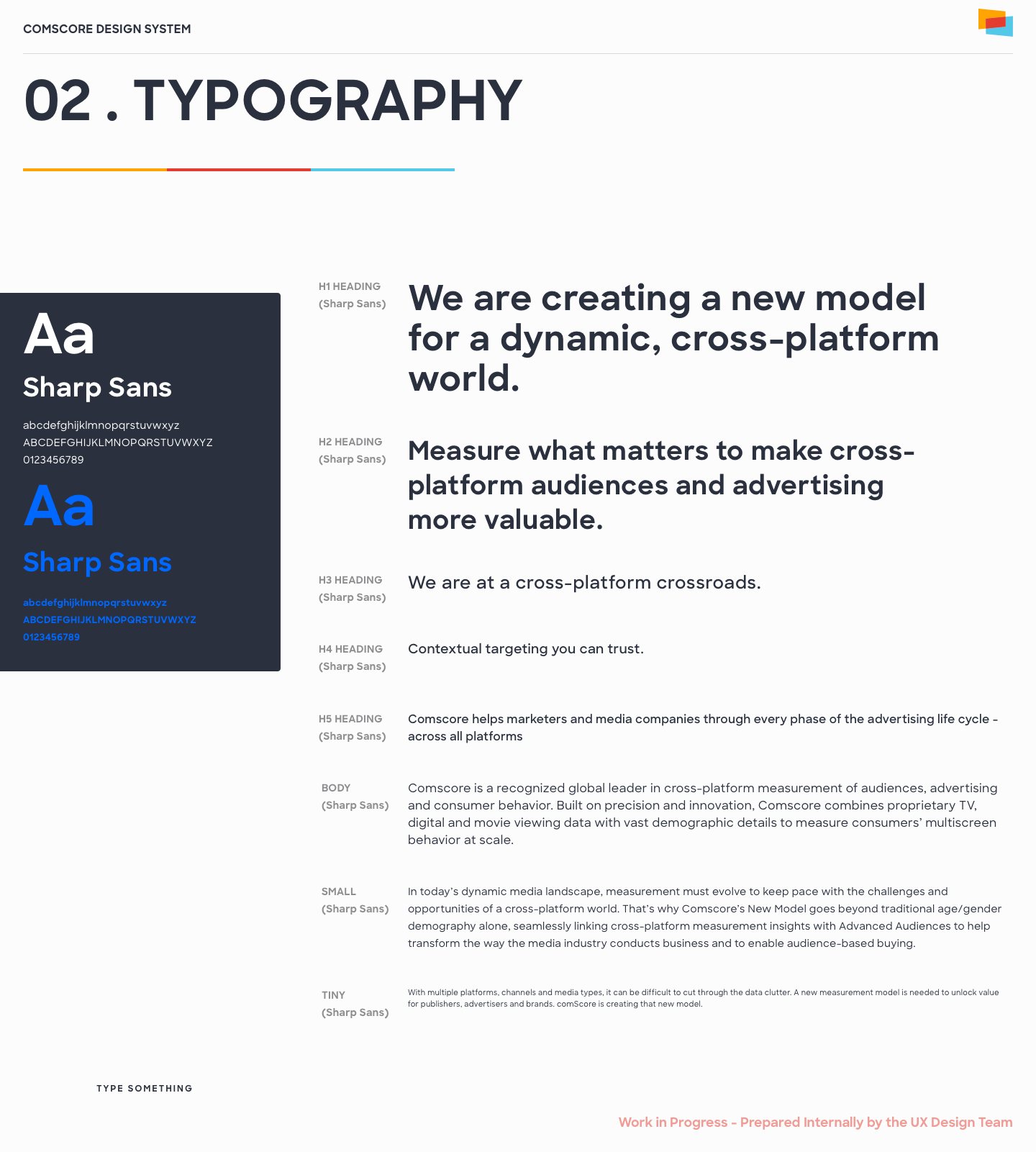Comscore design system typography: Sharp Sans specimens in black and blue, beside a ramp of headings and body sizes set in sample copy