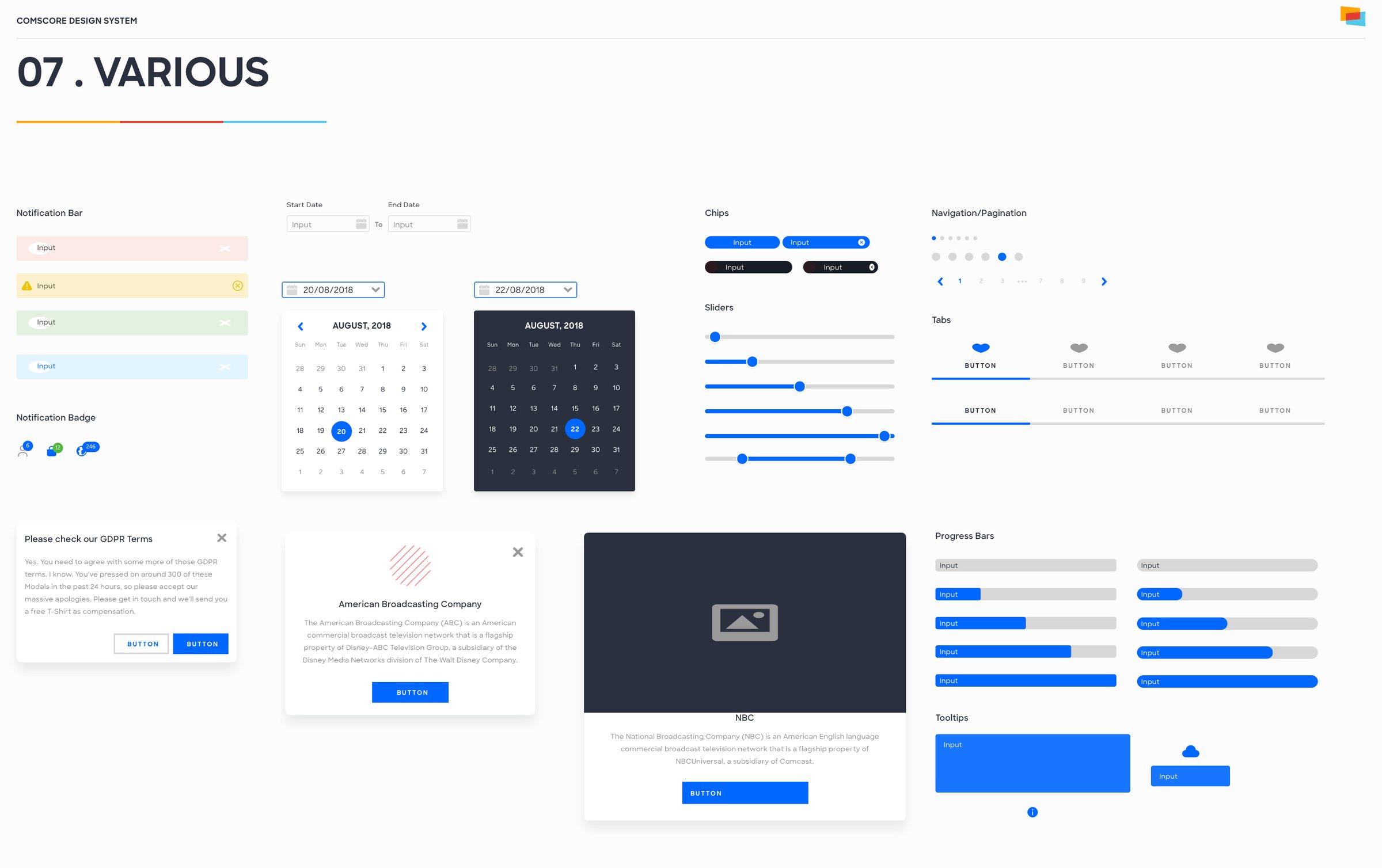 Comscore components sheet: notification bars and badges, date pickers in light and dark, chips, sliders, pagination, tabs, cards, a consent dialog, progress bars and tooltips