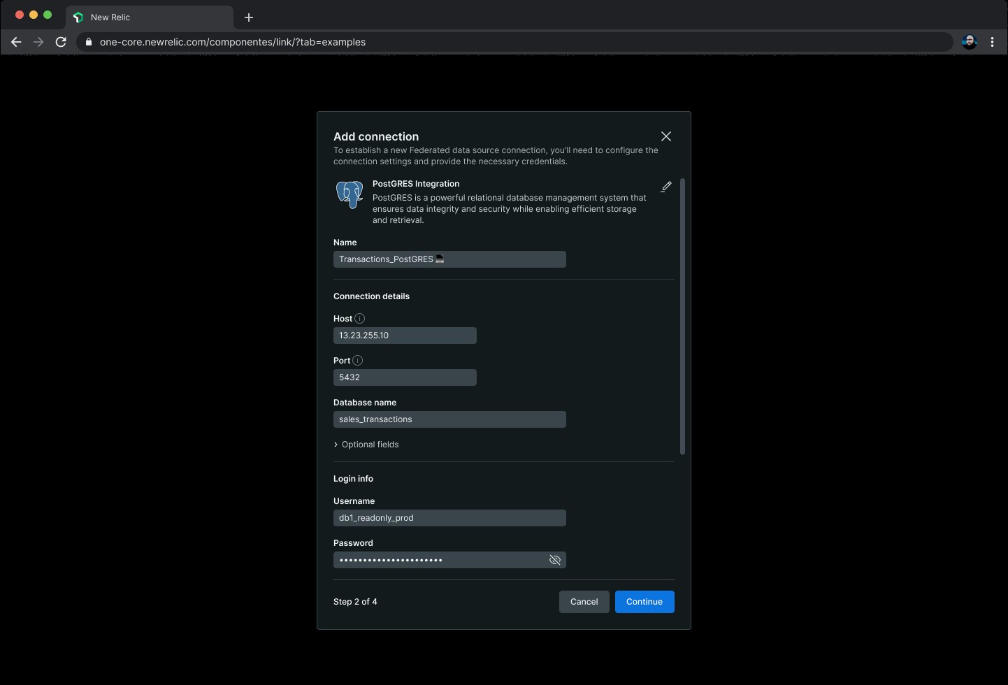 Add connection dialog, step 2 of 4: name, host, port, database and login details for a Postgres integration