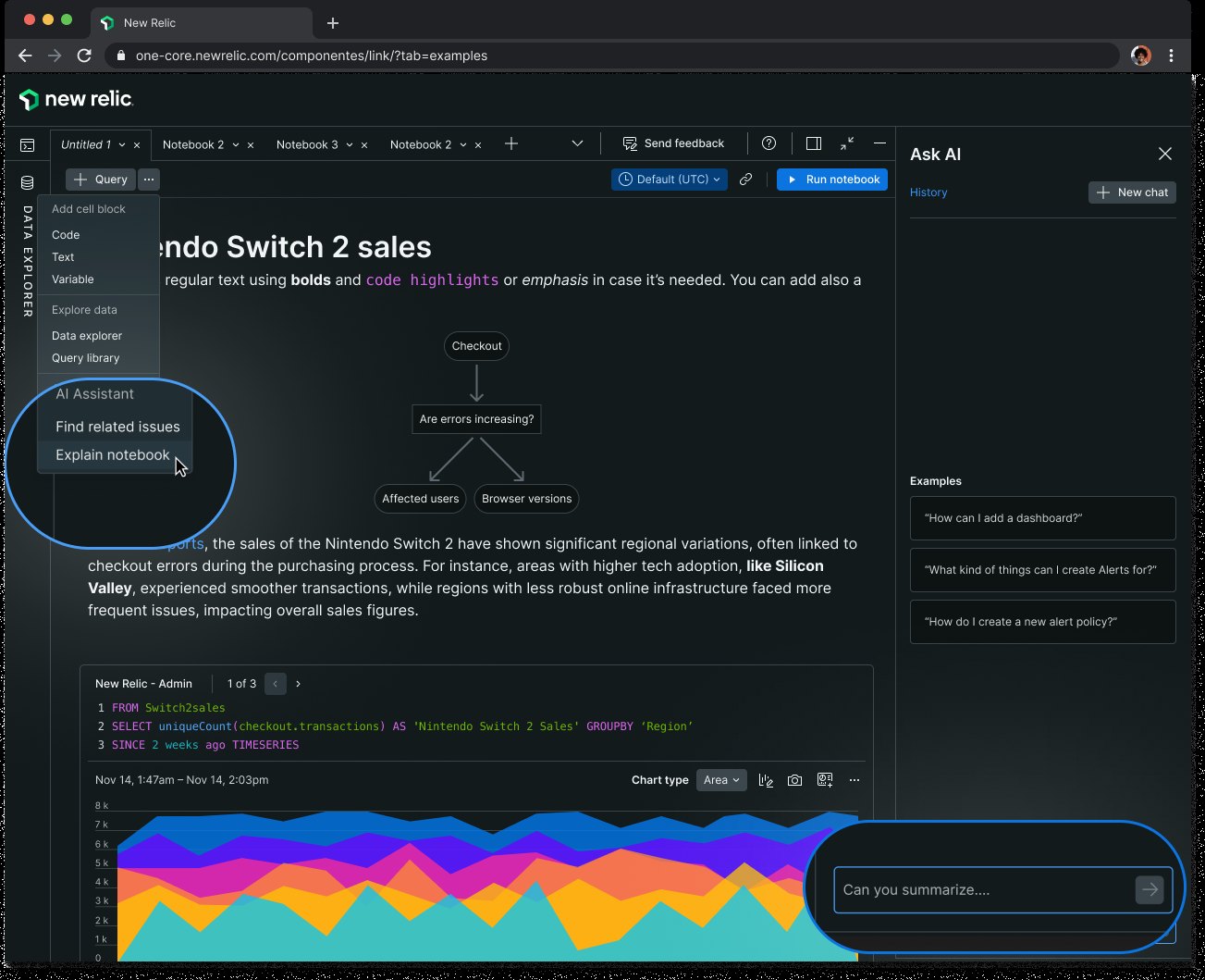 A notebook with Ask AI open: the query menu offers AI Assistant actions like Find related issues and Explain notebook, and a side panel waits on a prompt, Can you summarize