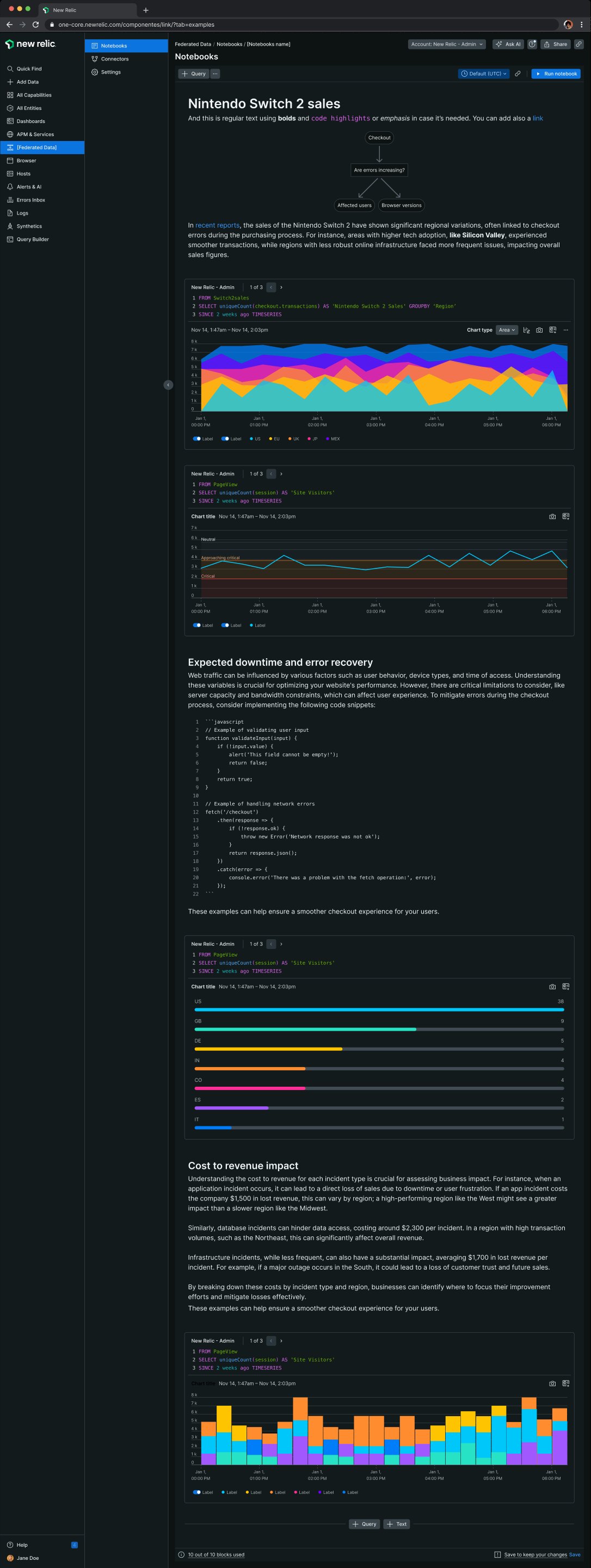 A notebook: prose, a decision diagram, NRQL queries with area and line charts, and a code block, in one scrolling document