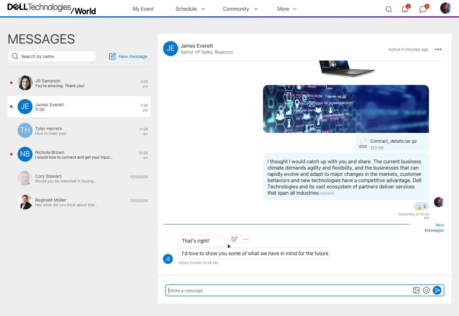 Dell Technologies World messages: a conversation list beside an open thread with an attachment