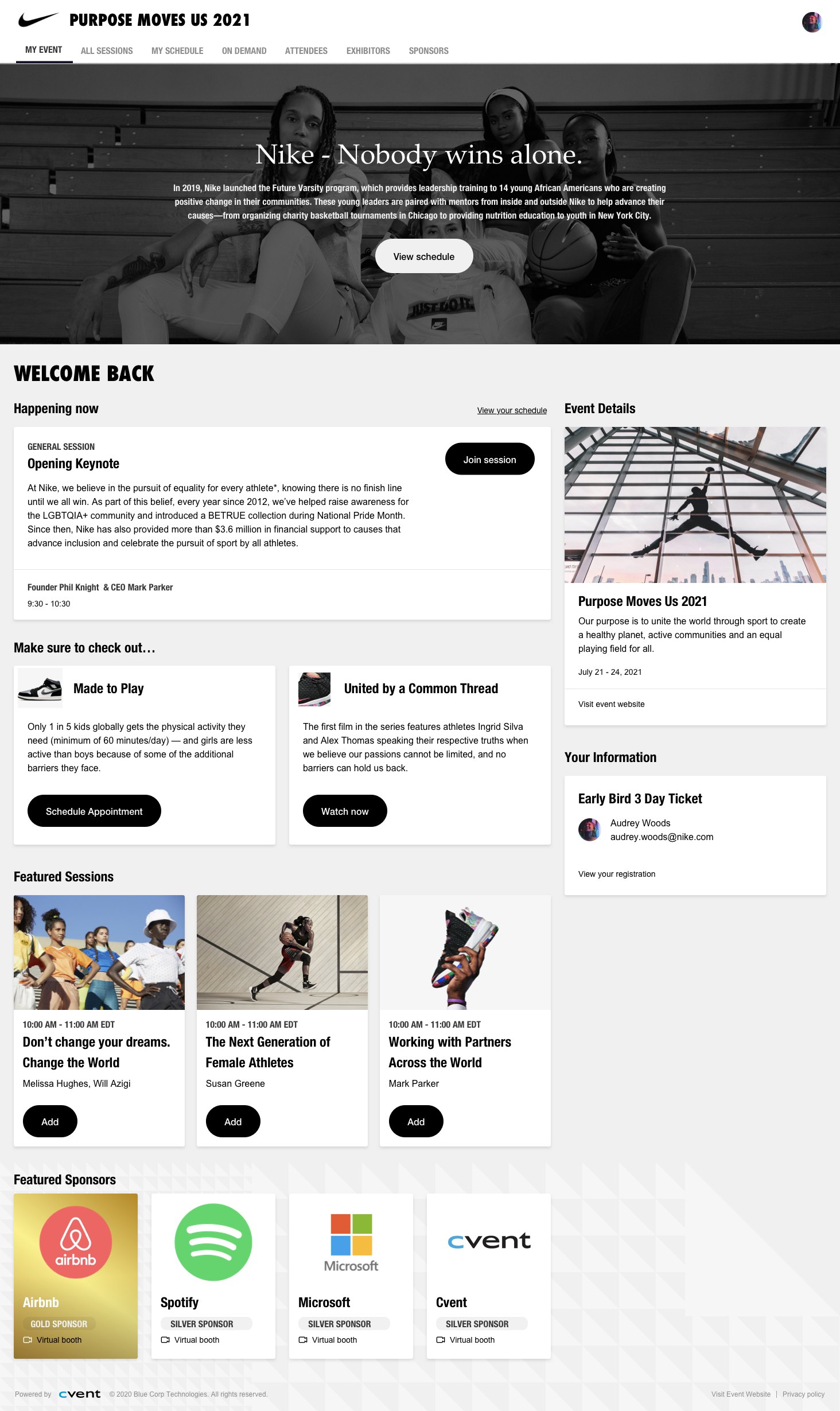 Nike event home: a Nobody Wins Alone hero, the session happening now, featured sessions and sponsors