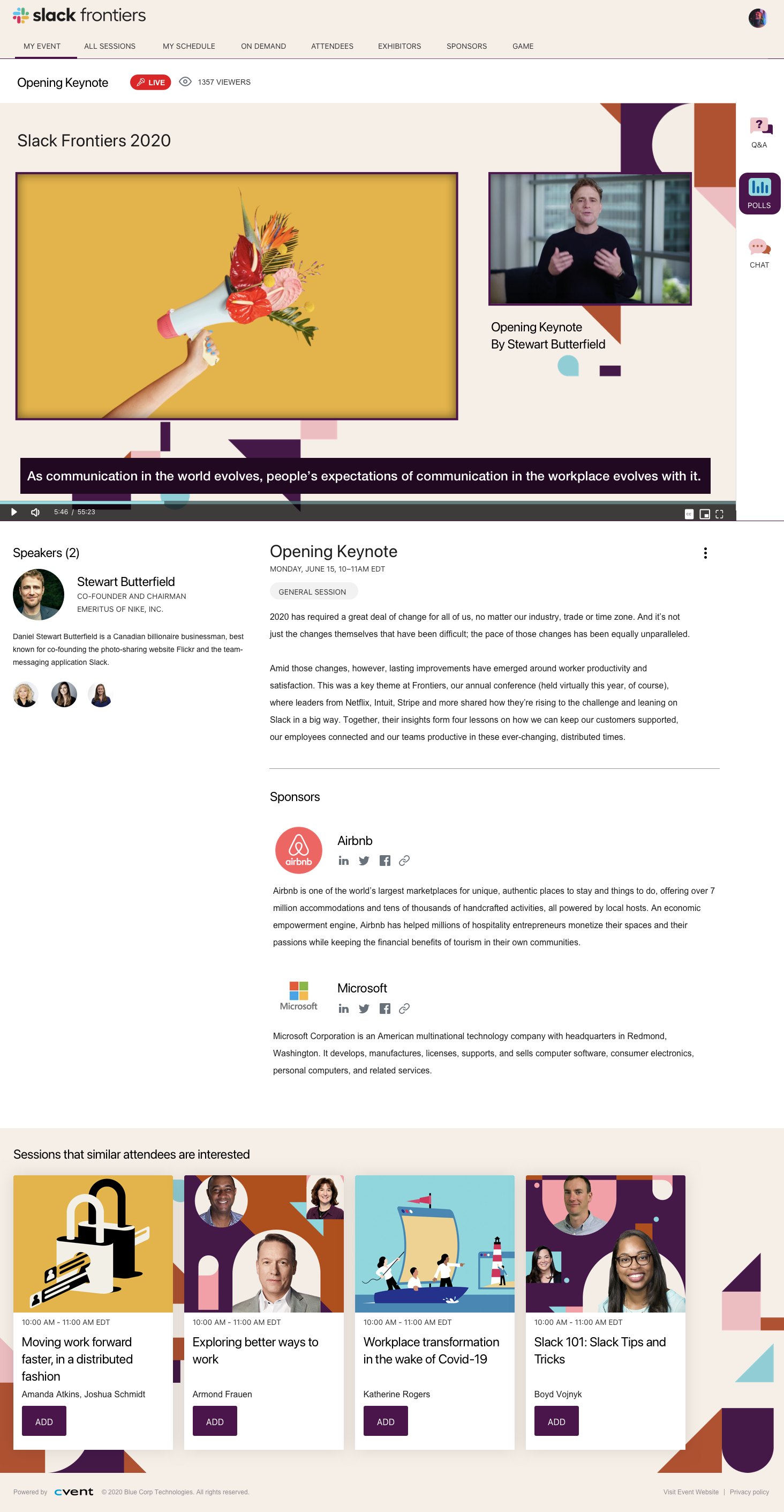 Slack Frontiers session page: the opening keynote video, speaker, description and sponsors