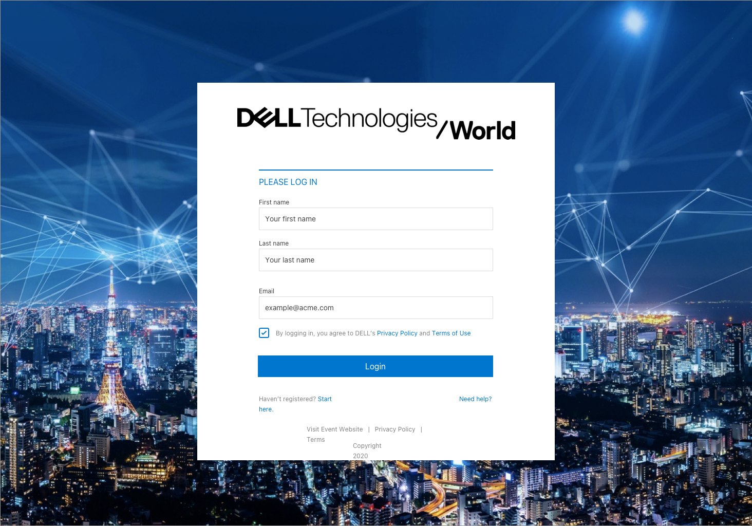 Dell Technologies World sign-in: the same form over a night-time city and network lines