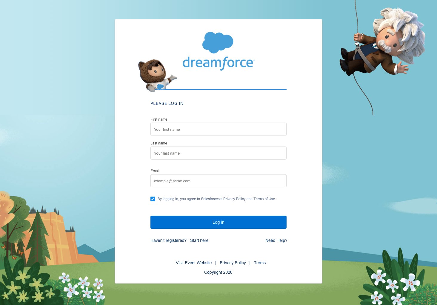 Dreamforce sign-in: the same form in a painted landscape with the Salesforce mascots