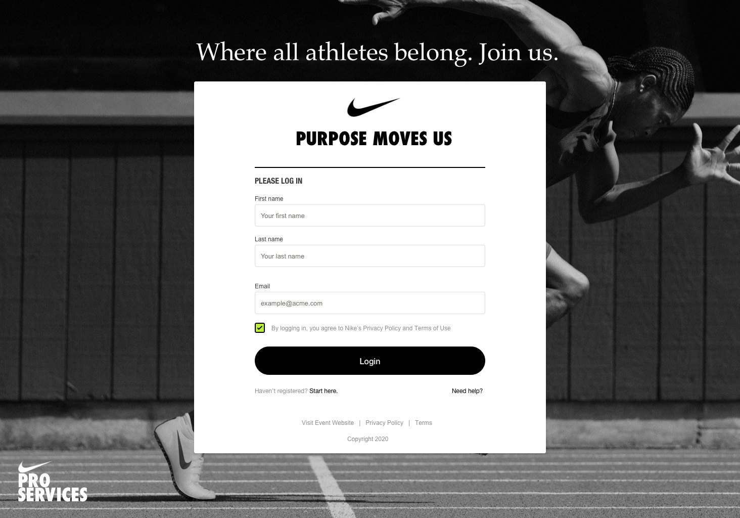 Nike sign-in: the Purpose Moves Us form over a black-and-white photo of a sprinter