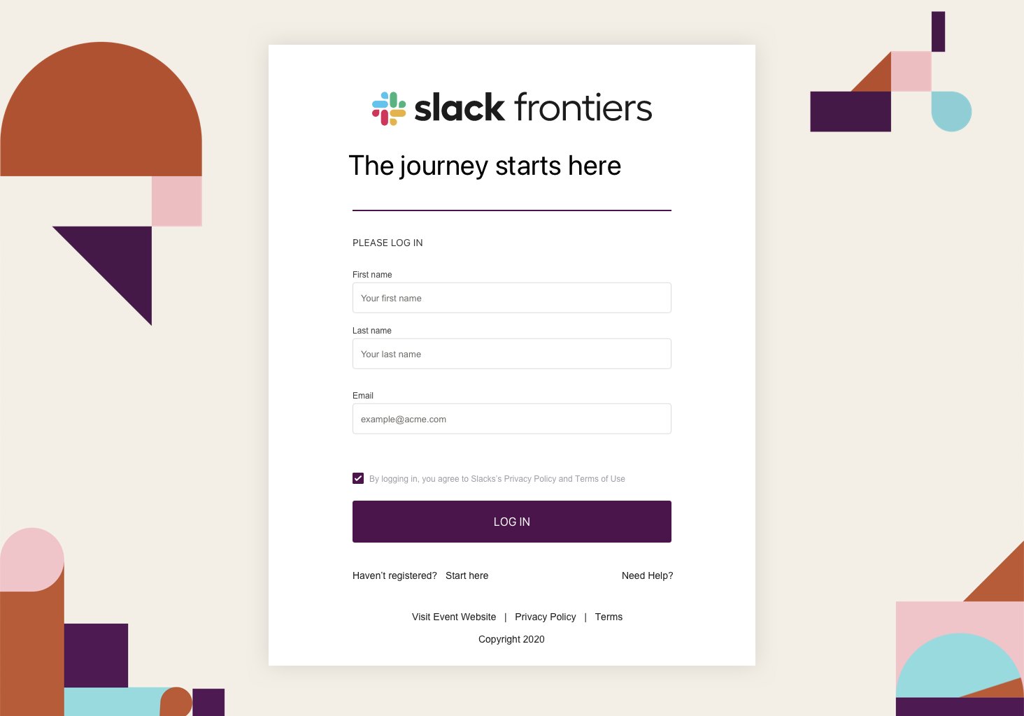 Slack Frontiers sign-in: the same form in aubergine, framed by Slack's geometric shapes