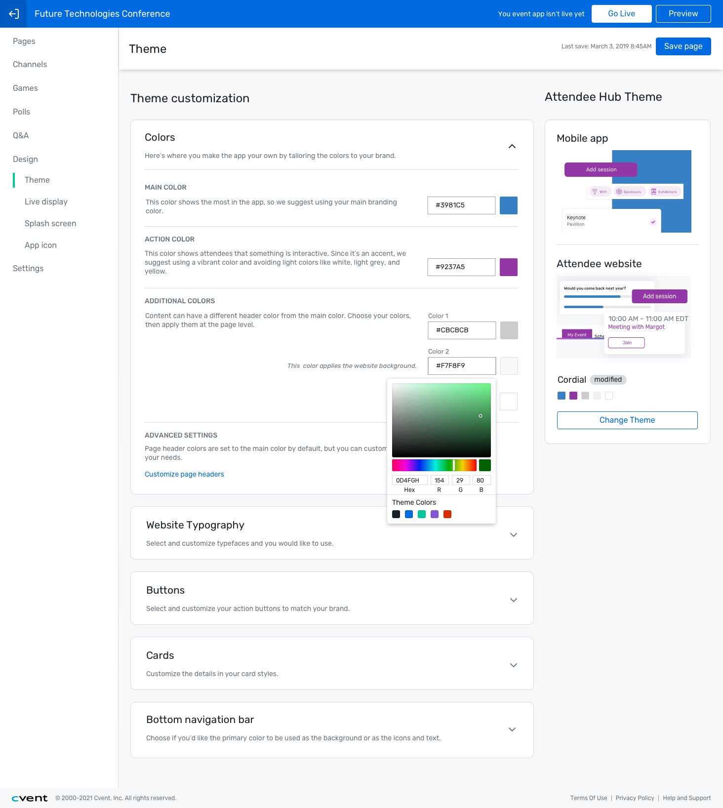 Theme editor: main, action and additional colours with a colour picker open, and live previews of the mobile app and attendee website