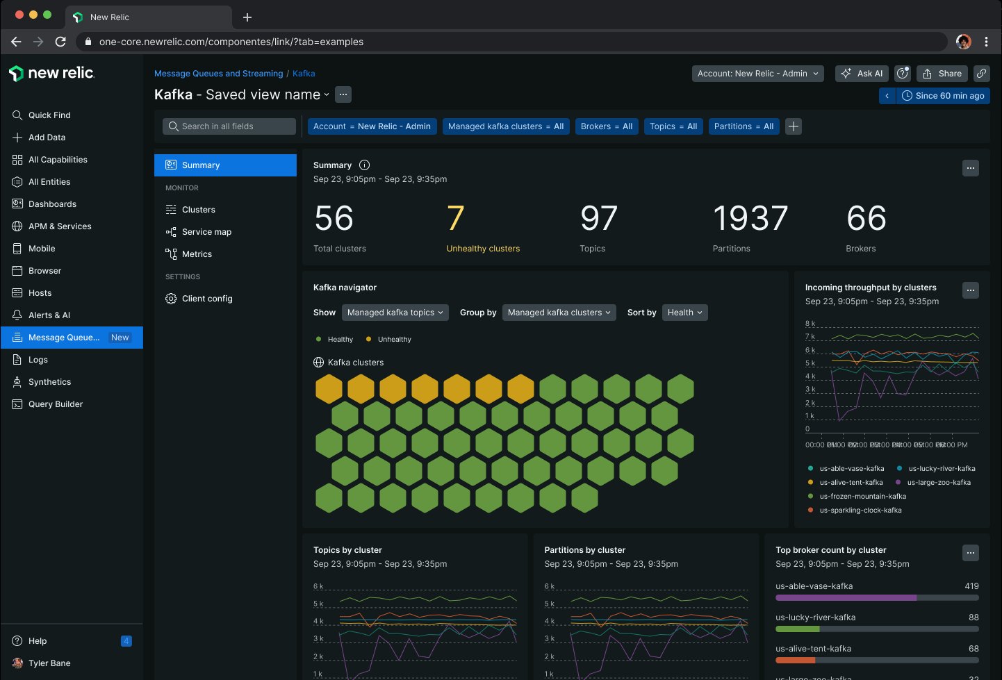 Kafka summary: 56 clusters, 7 unhealthy, 97 topics, 1,937 partitions, 66 brokers; the navigator as a field of hexagons, with throughput and broker charts