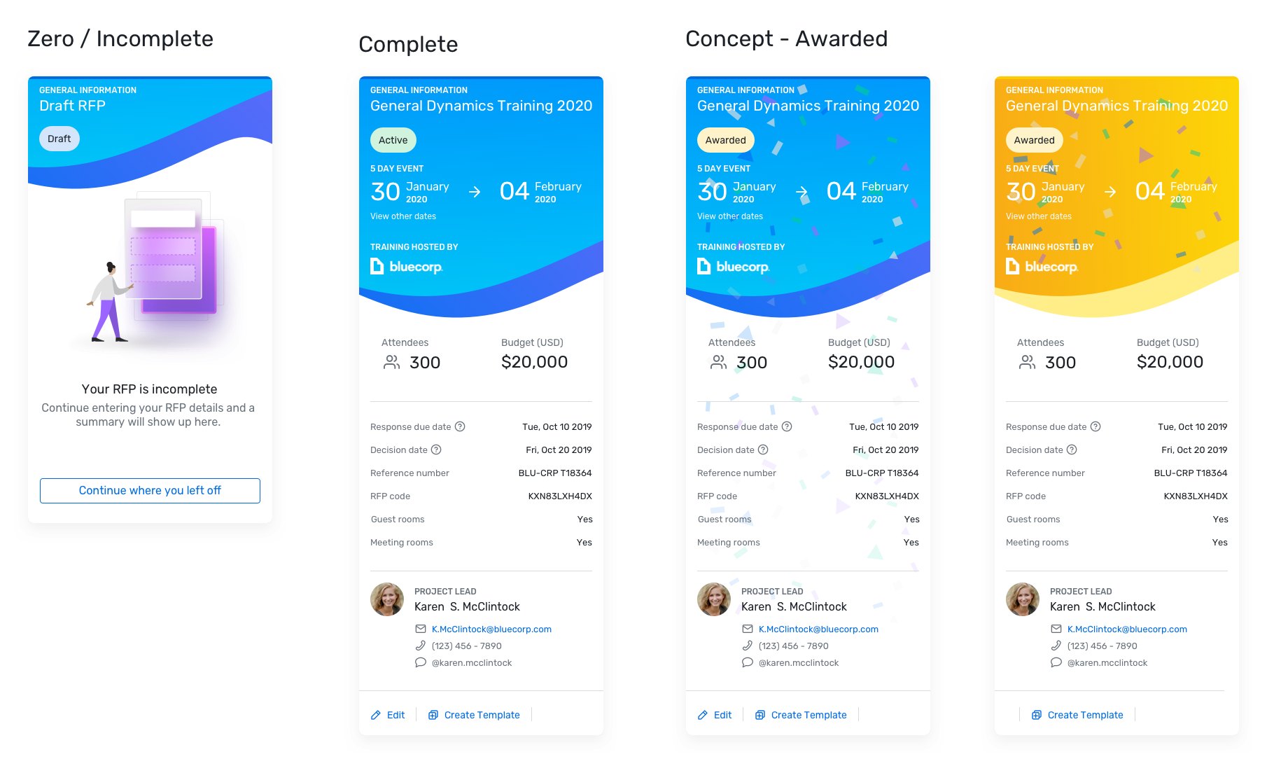 The summary card in four states: incomplete draft, active, and two concepts for awarded, one with confetti and one in gold