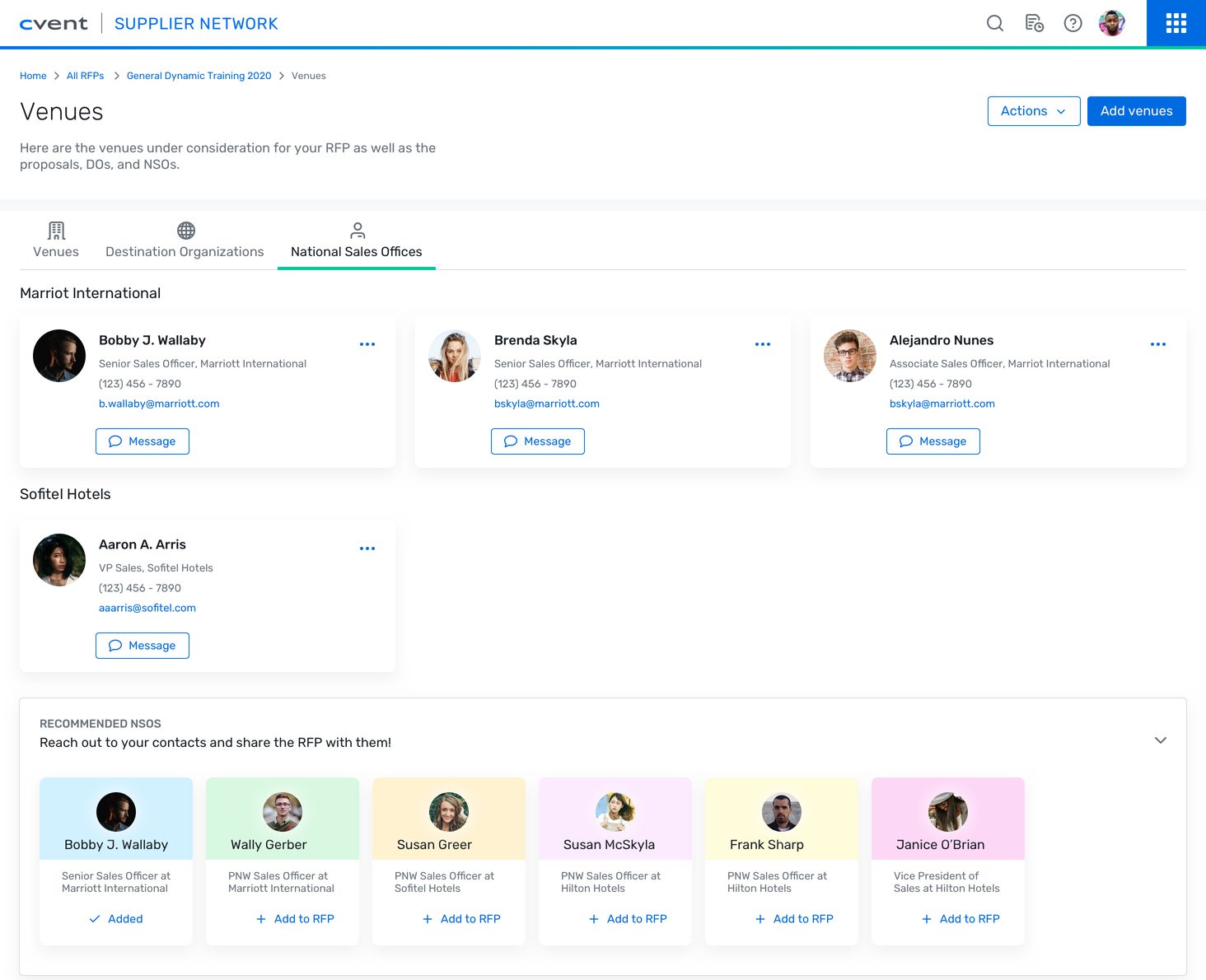 National Sales Offices: contact cards for Marriott and Sofitel sales officers with a Message button, and a row of recommended contacts to add to the RFP