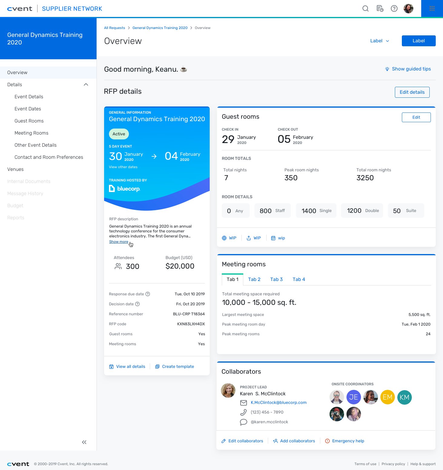 RFP overview for General Dynamics Training 2020: the summary card with dates, attendees and budget, beside guest rooms, meeting rooms and collaborators
