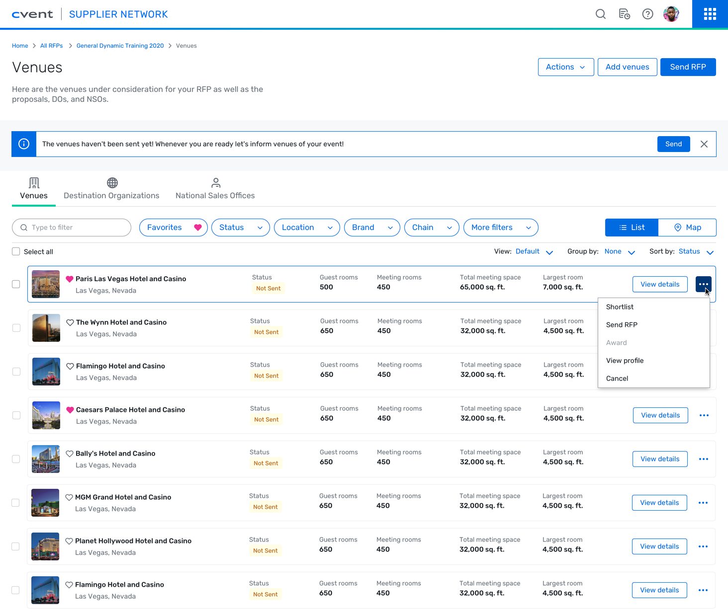 Venues list for General Dynamics Training 2020: a banner noting the venues haven't been sent yet, filters, and a row's menu open on Shortlist, Send RFP, Award, View profile and Cancel