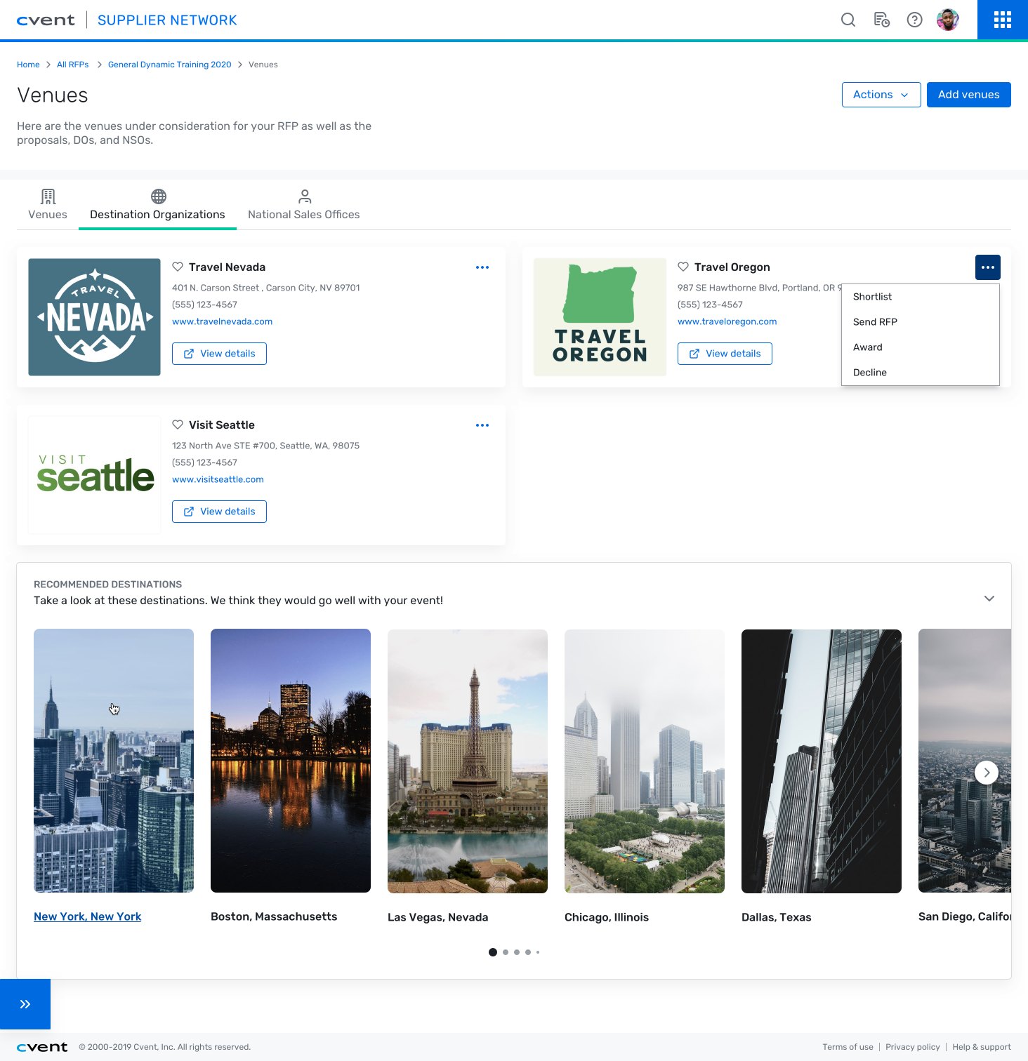 Venues: destination organizations for Nevada, Oregon and Seattle, and a row of recommended destination photos